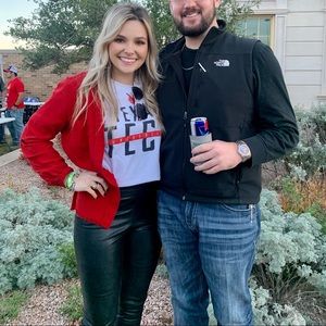 Red button up blouse. Raw hem. Worn once